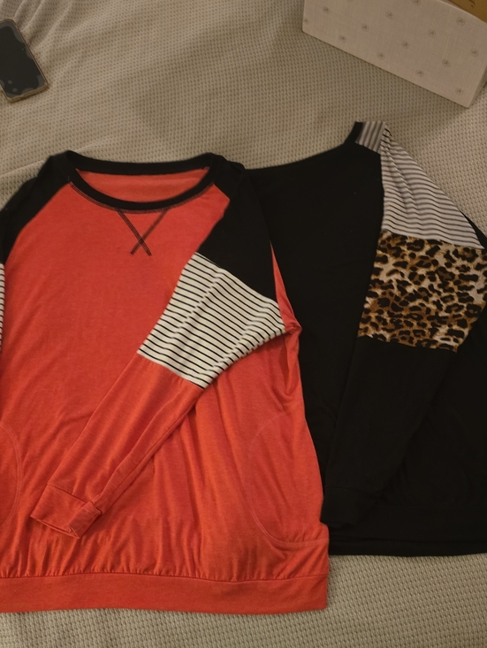 Tops - Lot Of 2 Womens Contrast Sleeve Top - Coral/Black And Black/ Leopard